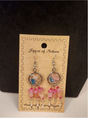 Spirit of Nature Dangle Earrings Dreamcatcher With Pink And Blue Stones